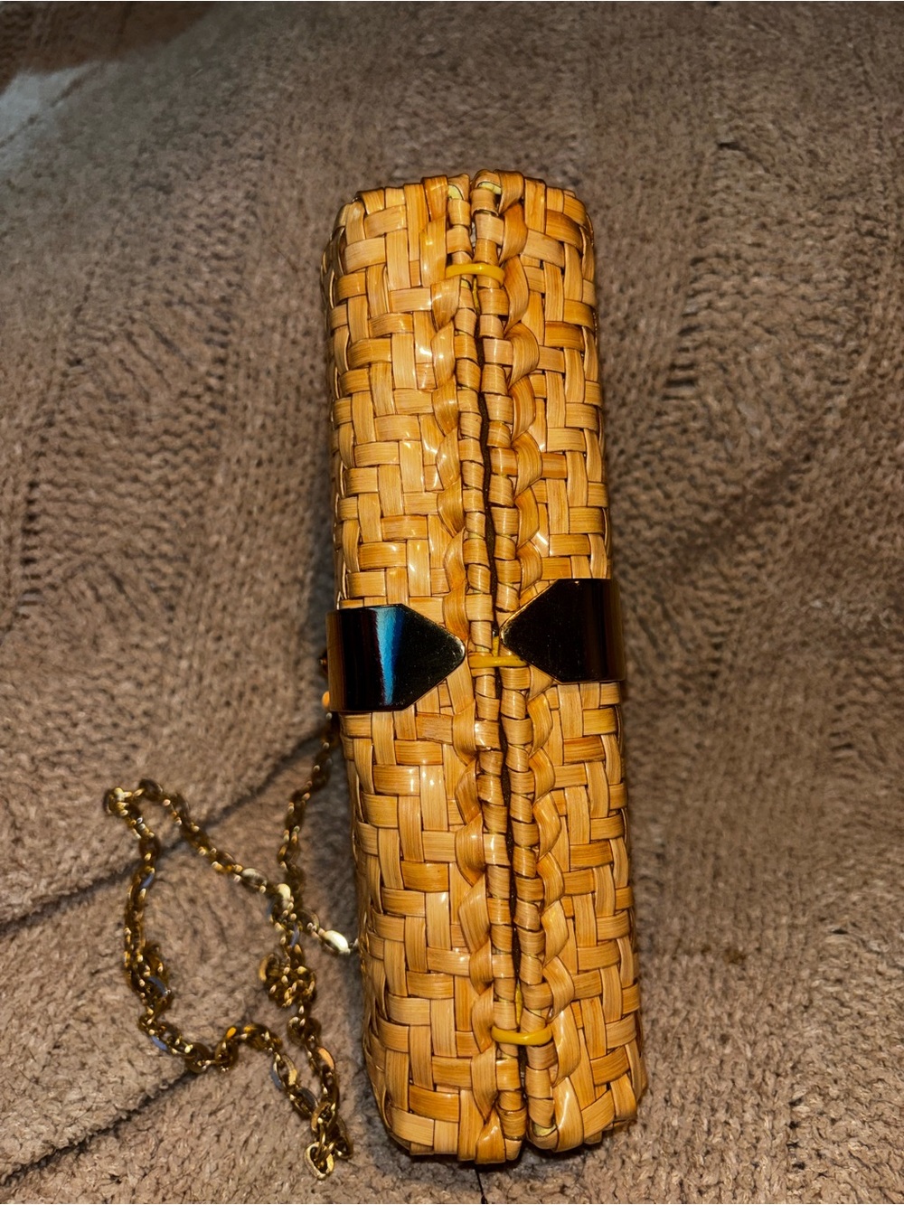 Vintage Ronora Woven Rattan Straw Half Moon Handbag Gold Chain Strap Hong Kong - Picture 4 of 9